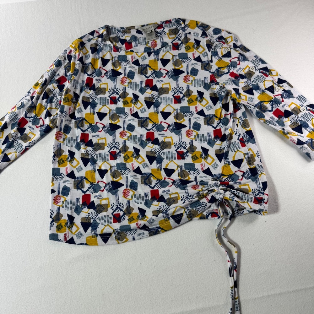 Multiples Abstract Geometric Blouse Petite Small PS Side Tie Long Sleeve Top Tee